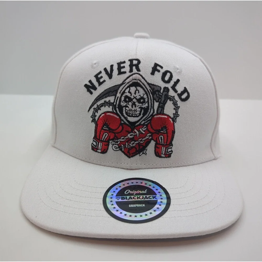 Blackjack Never Fold Grim Reaper Boxing Snapback Hat White Embroidered Cap